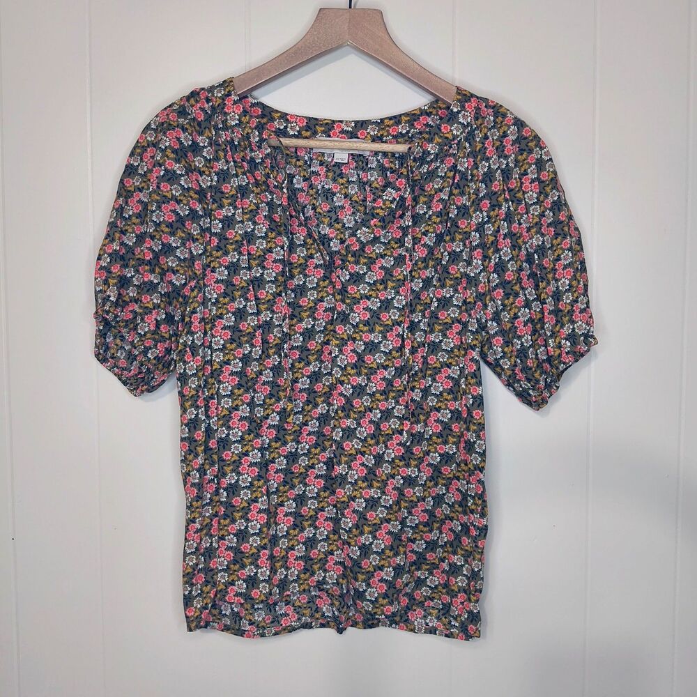 LOFT Green Floral Puff Sleeve Top 100% Cotton